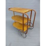 A THREE TIER TWO WHEEL TROLLEY WITH BENTWOOD SUPPORTS. W 88 x D 41 x H 77cms.