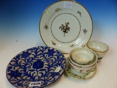 A BRISTOL GREEN FLORAL SWAGGED TEA BOWL, SAUCER AND TEA CUP, A PAIR OF NEW HALL TYPE TEA BOWLS, A