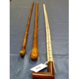 A WOODEN HANDLED STING RAY SPINE WALKING STICK. H 93cms,, A BAMBOO WALKING CANE TOGETHER WITH A