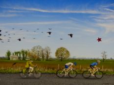 D. MITCHELL. ARR. CYCLING IN THE COUNTRY. OIL ON CANVAS, SIGNED. UNFRAMED. 35 x 120cms.