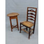 A GEO III COUNTRY OAK AND ELM OCCASIONAL TABLE WITH CIRCULAR TOP ON SQUARE CHAMFERED LEG AND CROSS