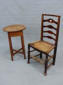 A GEO III COUNTRY OAK AND ELM OCCASIONAL TABLE WITH CIRCULAR TOP ON SQUARE CHAMFERED LEG AND CROSS