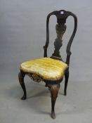 AN EARLY 18th C. CHARCOAL PAINTED CHAIR WITH GILT FOLIAGE DETAILING, THE VASE SPLAT ABOVE DROP IN