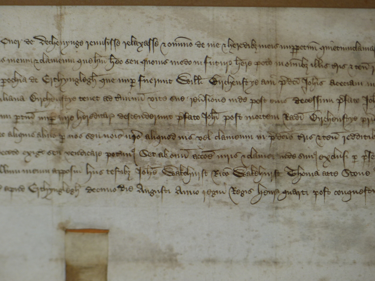 A FRAMED QUIT DEED RELATING TO LAND IN NORTH WALES DATED 10TH AUGUST 1411 AND TIED WITH A RED WAX - Image 4 of 9