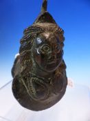 A ROMANO-CELTIC BRONZE CHARIOT AXLE CAP, THE CLOSED END OF THE CYLINDRICAL SHAPE CAST WITH THE