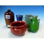 THREE BRANNAM POTTERY WARES, A GREEN TWO HANDLED VASE A RED LUSTRE JUG AND A WILKINSONS ORIFLAMME