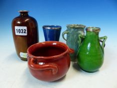 THREE BRANNAM POTTERY WARES, A GREEN TWO HANDLED VASE A RED LUSTRE JUG AND A WILKINSONS ORIFLAMME