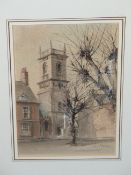 KEN MESSER (1931-2018). ARR. ABINGDON CHURCH. SIGNED, WATERCOLOUR. 21.5 x 14cms.