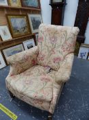 A VICTORIAN UPHOLSTERED DEEP SEAT ARMCHAIR ON TURNED LEGS, TOGETHER WITH AN ANTIQUE BUTTON BACK