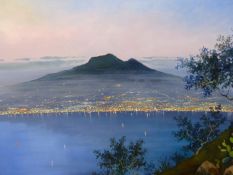 DAVID (20th.C. SCHOOL). ARR. A TROPICAL COASTAL CITY AT TWILIGHT. OIL ON BOARD, SIGNED. 60 x 100cms.