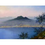 DAVID (20th.C. SCHOOL). ARR. A TROPICAL COASTAL CITY AT TWILIGHT. OIL ON BOARD, SIGNED. 60 x 100cms.