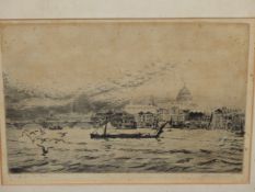 W.L. WYLLIE (1851-1931). A BUSY VIEW OF THE THAMES, LONDON. SIGNED ETCHING. 42 x 53cms. TOGETHER