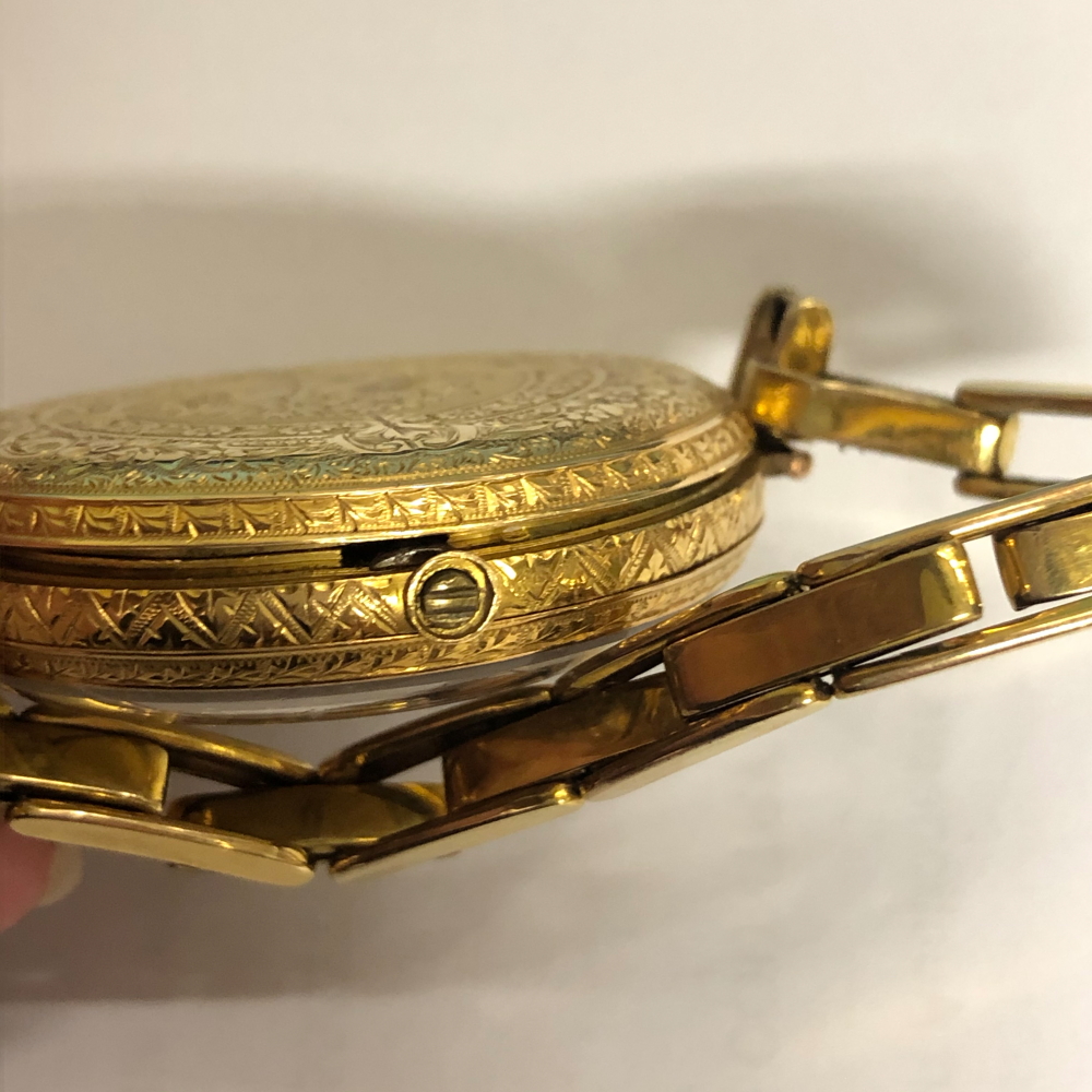 AN 18ct GOLD SWISS FOB WATCH REMODELLED AS A WRIST WATCH, CASE MARKED WITH SWISS HELVETIA - Image 10 of 11