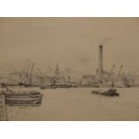 BERNARD BOWERMAN (1911-****). ARR. GREENWICH REACH. SIGNED PENCIL DRAWING. 25 x 37cms. TOGETHER WITH