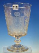 A 19th C. LARGE GLASS RUMMER, THE BUCKET BOWL ENGRAVED WITH A COAT OF ARMS, INITIALS AND A GOTHIC