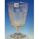 A 19th C. LARGE GLASS RUMMER, THE BUCKET BOWL ENGRAVED WITH A COAT OF ARMS, INITIALS AND A GOTHIC