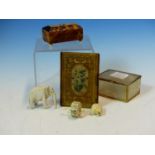 A 19th C. TORTOISESHELL HAIR PIN CASKET, A GILT LEATHER AND FLORAL EMBROIDERY VISITING CARD CASE, AN