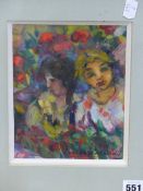 20th.C. CONTINENTAL SCHOOL. TWO GIRLS. SIGNED INDISTINCTLY, OIL ON CARD. 19 x 15.5cms.