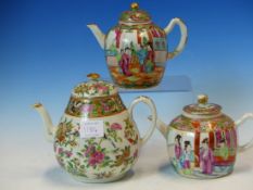 THREE CANTON TEA POTS AND COVERS, EACH OF GLOBULAR SHAPE AND PAINTED WITH FIGURES AND GARDENS, THE