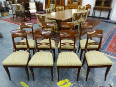 A SET OF EIGHT BIEDERMEIER MAHOGANY DINING CHAIRS, THE BROAD TOP RAILS OVER CRUCIFORM BARS,