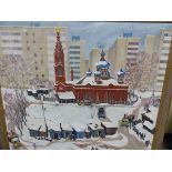 20th.C. RUSSIAN SCHOOL. A CITY CHURCH IN WINTER. INSCRIBED VERSO, MONOGRAMMED, OIL ON CANVAS. 89 x
