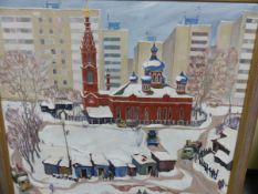 20th.C. RUSSIAN SCHOOL. A CITY CHURCH IN WINTER. INSCRIBED VERSO, MONOGRAMMED, OIL ON CANVAS. 89 x