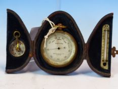A LEATHER CASED SHORT AND MASON POCKET BAROMETER WITH A COMPASS FITTED WITHIN ONE DOOR OF THE CASE