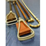 A STING RAY SPINE WALKING STICK, TWO SHOOTING STICKS, A WHITE METAL TOPPED WALKING CANE AND A