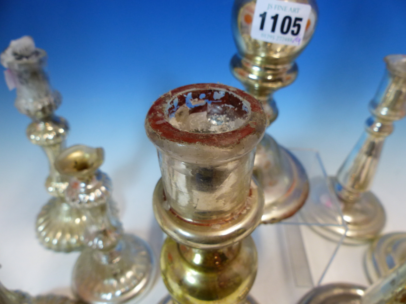 A COLLECTION OF FOUR PAIRS AND ANOTHER VARNISH GLASS CANDLESTICKS, THE TALLEST OF THE INTERNALLY - Image 7 of 13