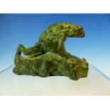 A CONTEMPORARY BRONZE FIGURE OF A FROG ON A ROCKY MOUND COMING ACROSS A LARVA, INDISTINCTLY