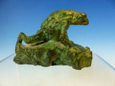 A CONTEMPORARY BRONZE FIGURE OF A FROG ON A ROCKY MOUND COMING ACROSS A LARVA, INDISTINCTLY