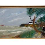 20th.C. CONTINENTAL SCHOOL. A COASTAL VIEW. OIL ON CANVAS, SIGNED INDISTINCTLY. 38 x 55cms.