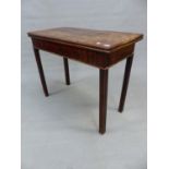 A GEORGE III MAHOGANY TEA TABLE, THE RECTANGULAR TOP OPENING ON SINGLE GATE. A DRAWER TO END ABOVE