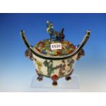 SENZAN, A SATSUMA POTTERY KOGO PAINTED WITH IRISES AND FLOWER SPRIGS. Dia. 6.5cms. TOGETHER WITH A