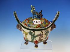SENZAN, A SATSUMA POTTERY KOGO PAINTED WITH IRISES AND FLOWER SPRIGS. Dia. 6.5cms. TOGETHER WITH A