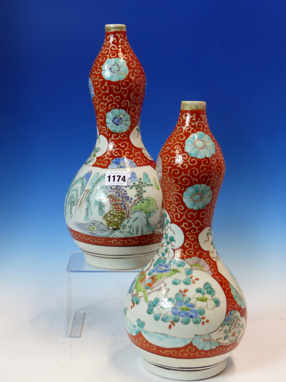 A PAIR OF 19th C. JAPANESE KUTANI PALETTE DOUBLE GOURD VASES PAINTED WITH FLOWER AND MOUNTAIN