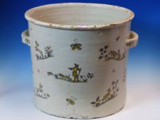 AN ANTIQUE FRENCH FAIENCE TWO HANDLED CYLINDRICAL CACHE POT, POSSIBLY STRASBOURG, PAINTED IN