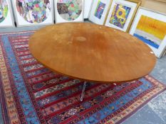 A GRASAASENS TEAK CIRCULAR TABLE ON ADJUSTABLE TUBULAR STEEL COLUMN AND FOUR FOOTED BASE. Dia.