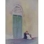 20th.C. MIDDLE EASTERN SCHOOL. OMAN STREET SCENE. WATERCOLOUR, SIGNED INDISTINCTLY. 40 x 27cms.