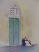 20th.C. MIDDLE EASTERN SCHOOL. OMAN STREET SCENE. WATERCOLOUR, SIGNED INDISTINCTLY. 40 x 27cms.