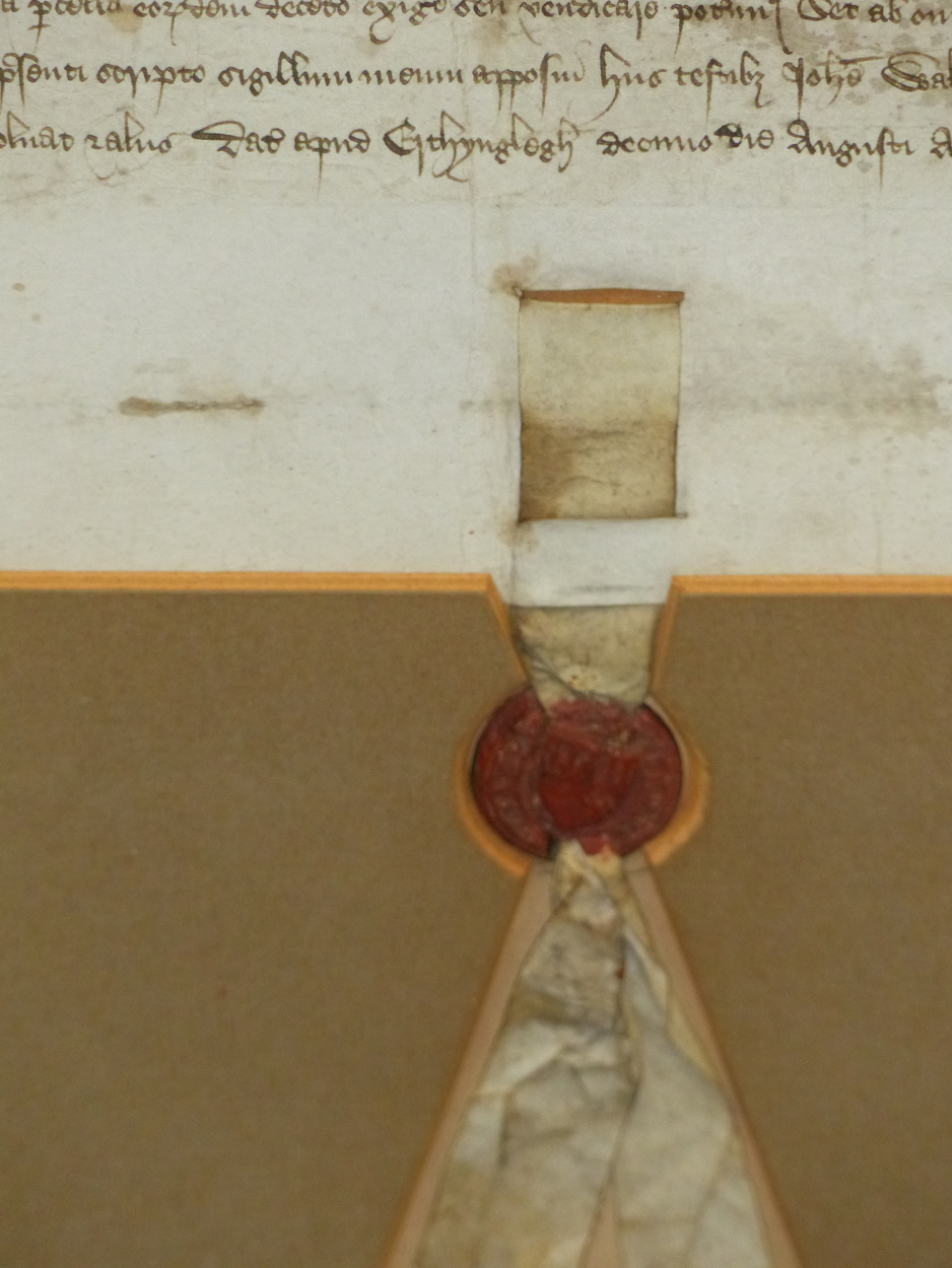 A FRAMED QUIT DEED RELATING TO LAND IN NORTH WALES DATED 10TH AUGUST 1411 AND TIED WITH A RED WAX - Image 7 of 9