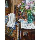 CONTEMPORARY RUSSIAN SCHOOL. THE COMFORTABLE CHAIR. MONOGRAMMED, OIL ON CANVAS. 100 x 70cms.