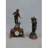 A RED MARBLE AND SPELTER CASED CLOCK, THE MOVEMENT COUNTWHEEL STRIKING ON A BELL, THE DIAL WITH