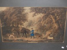 AFTER GEORGE STUBBS (1724-1806). TWO ANTIQUE HAND COLOURED FOLIO PRINTS OF FIGURES IN RURAL