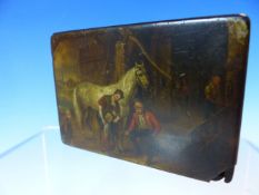 A 19th C. PAPIER MACHE TABLE SNUFF BOX, THE RECTANGULAR LID PAINTED WITH A SOLDIER, WIFE AND TWO