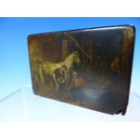 A 19th C. PAPIER MACHE TABLE SNUFF BOX, THE RECTANGULAR LID PAINTED WITH A SOLDIER, WIFE AND TWO