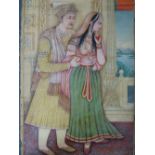A VERY LARGE 19th.C. INDIAN WATERCOLOUR. A FULL LENGTH PORTRAIT OF AN ARISTOCRATIC COUPLE ON A