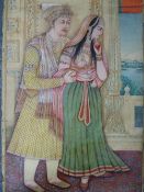 A VERY LARGE 19th.C. INDIAN WATERCOLOUR. A FULL LENGTH PORTRAIT OF AN ARISTOCRATIC COUPLE ON A