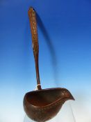 A VINTAGE TREEN PUNCH LADLE, POSSIBLY SCANDINAVIAN, THE HANDLE CARVED WITH A BAND OF BICUSPID LEAVES