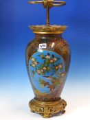A JAPANESE CLOISONNE VASE ORMOLU MOUNTED AS A TWIN SOCKET LAMP, THE OVOID VASE WITH TWO BLUE